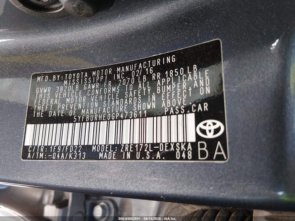 5YFBURHE0GP473611 2016 TOYOTA COROLLA photo no. 9