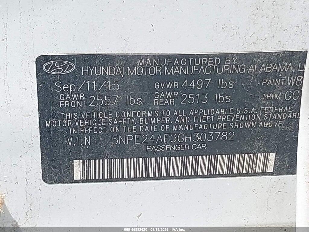 5NPE24AF3GH303782 2016 HYUNDAI SONATA photo no. 9