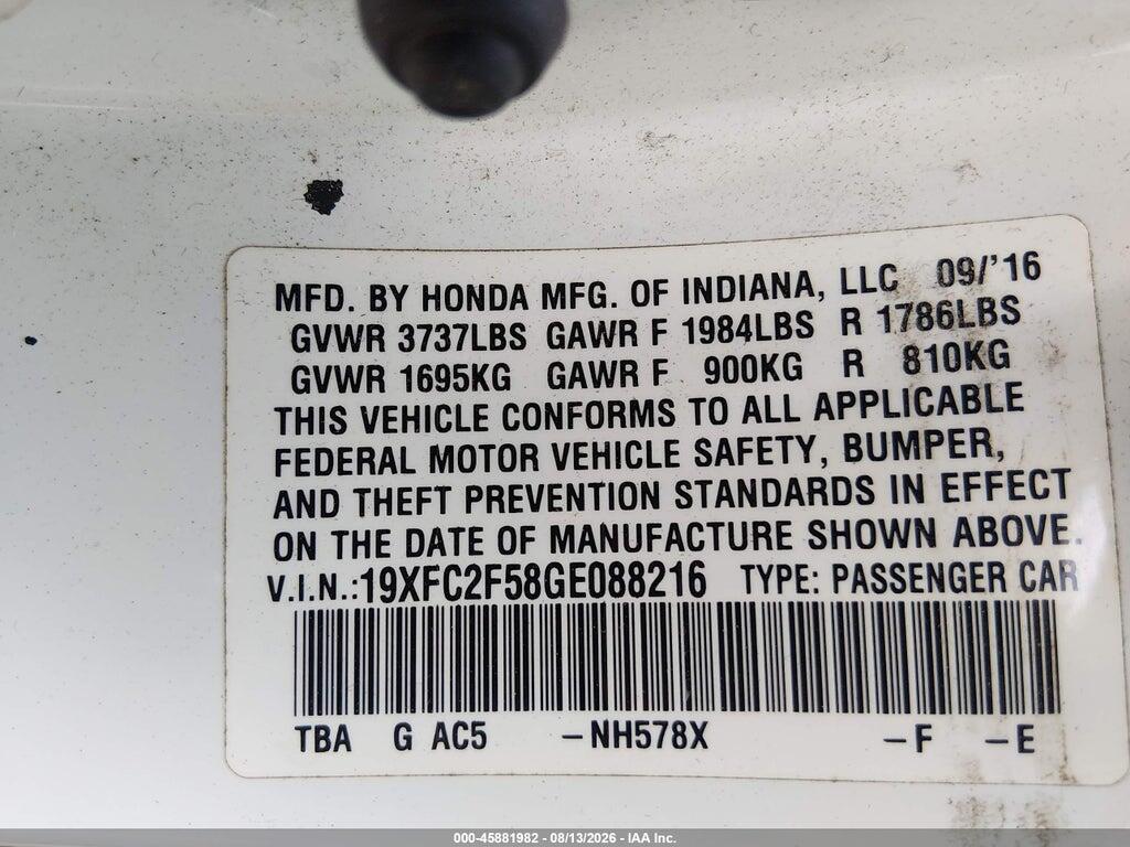 19XFC2F58GE088216 2016 HONDA CIVIC photo no. 9