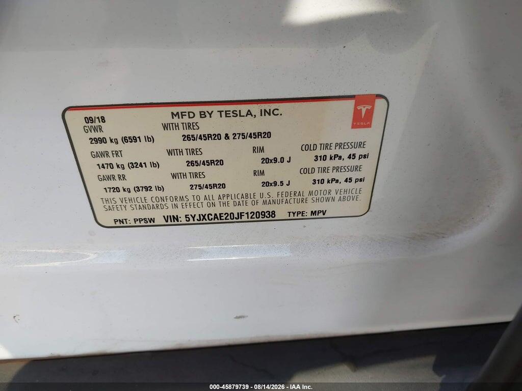 5YJXCAE20JF120938 2018 TESLA MODEL X photo no. 9