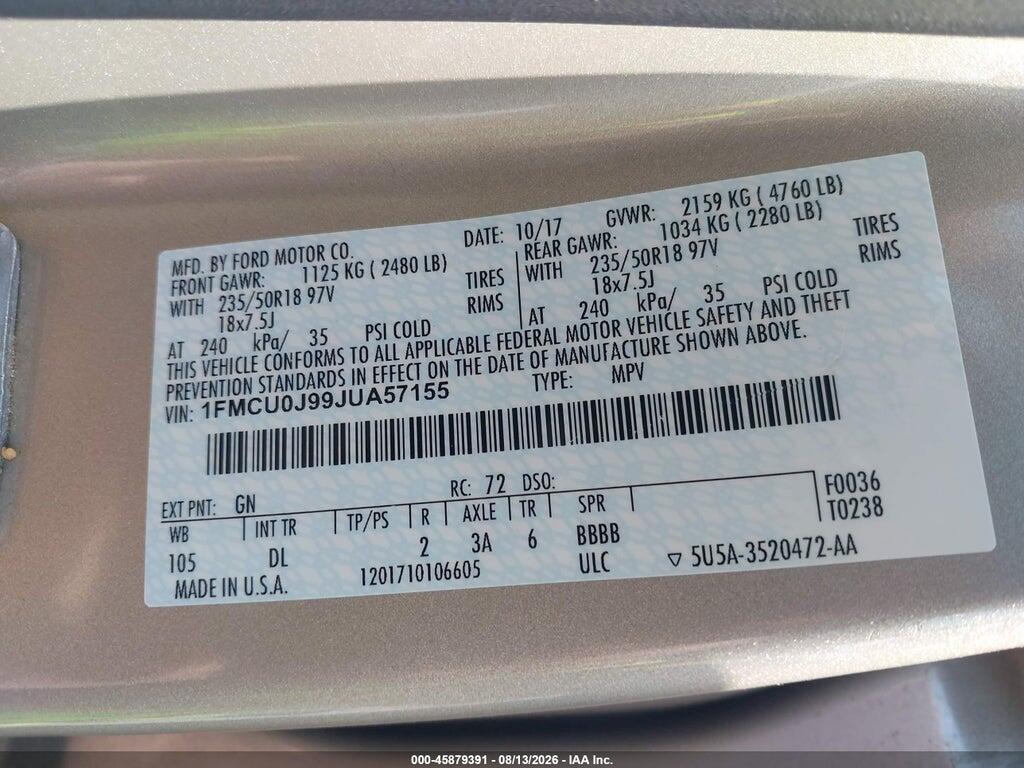 1FMCU0J99JUA57155 2018 FORD ESCAPE photo no. 9