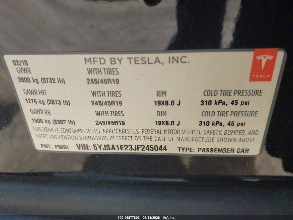 5YJSA1E23JF245044 2018 TESLA MODEL S photo no. 9