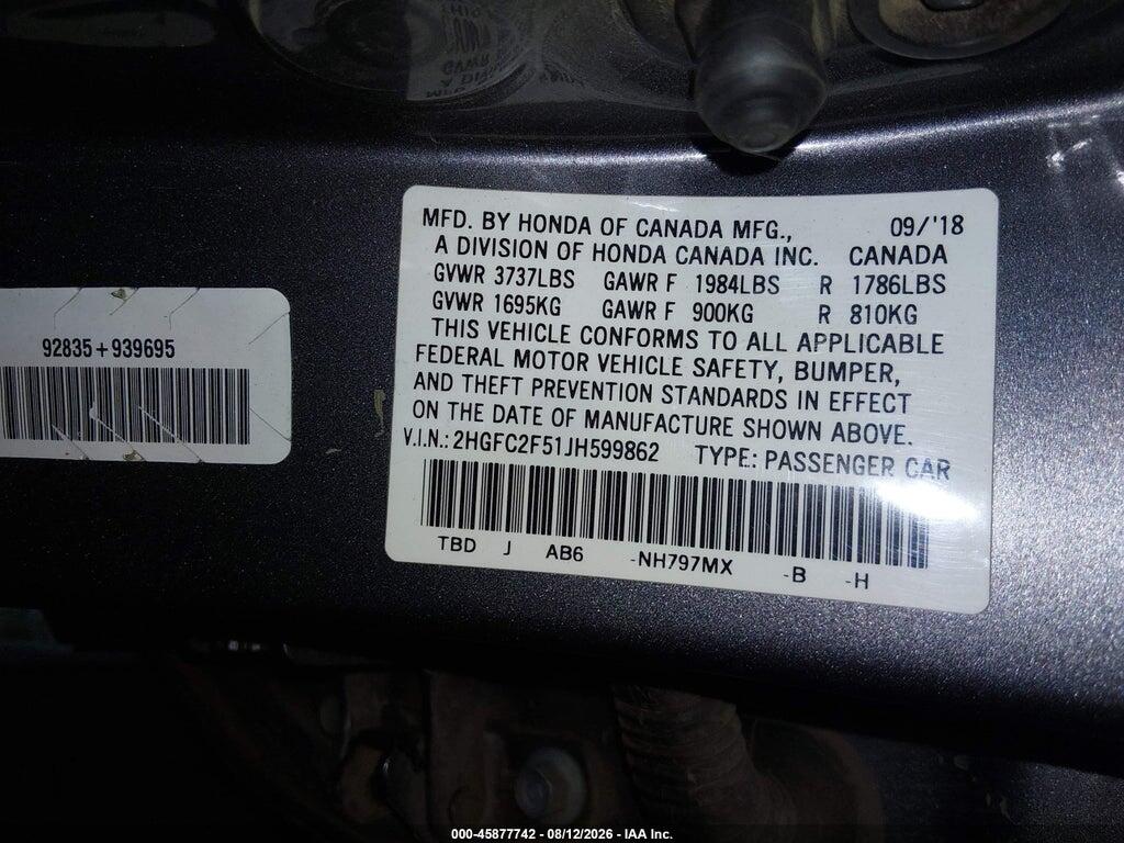 2HGFC2F51JH599862 2018 HONDA CIVIC photo no. 9
