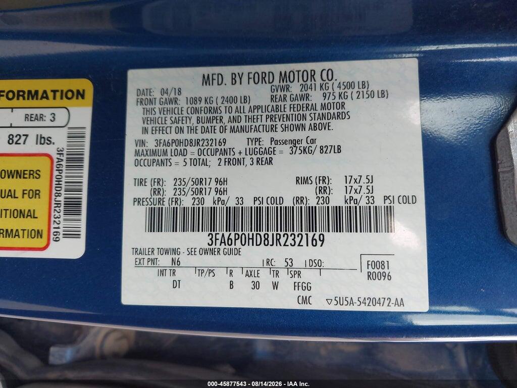 3FA6P0HD8JR232169 2018 FORD FUSION photo no. 9