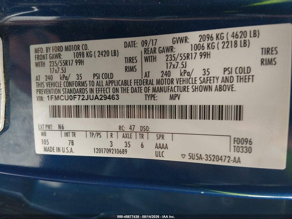 1FMCU0F72JUA29463 2018 FORD ESCAPE photo no. 9