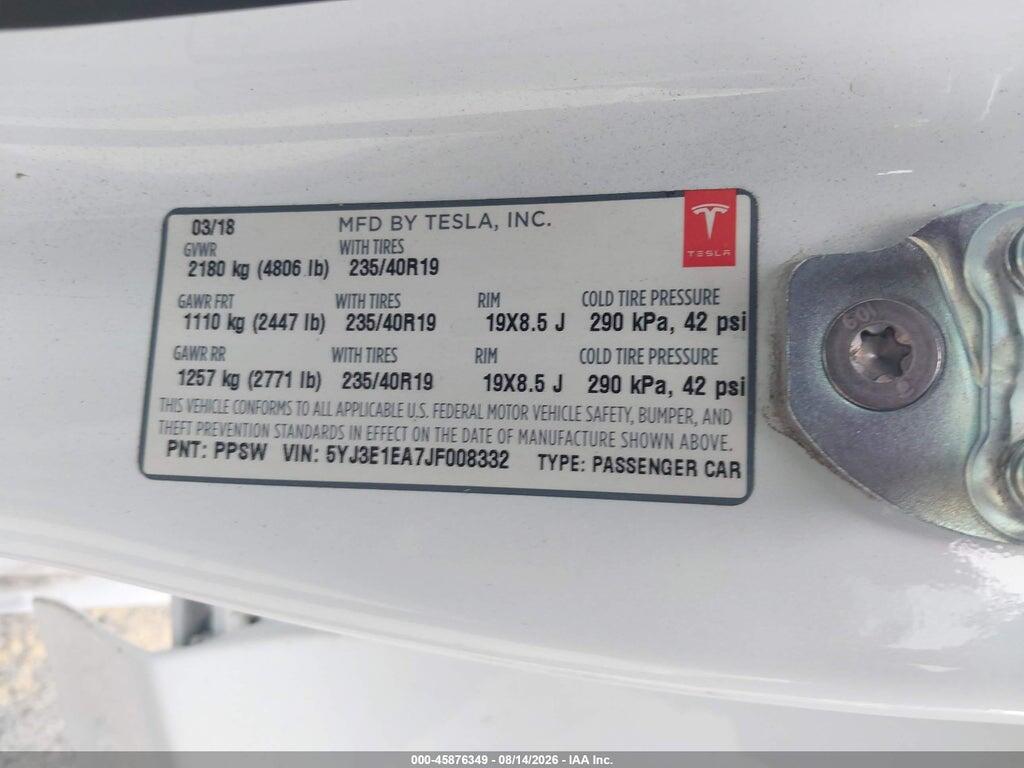 5YJ3E1EA7JF008332 2018 TESLA MODEL 3 photo no. 9