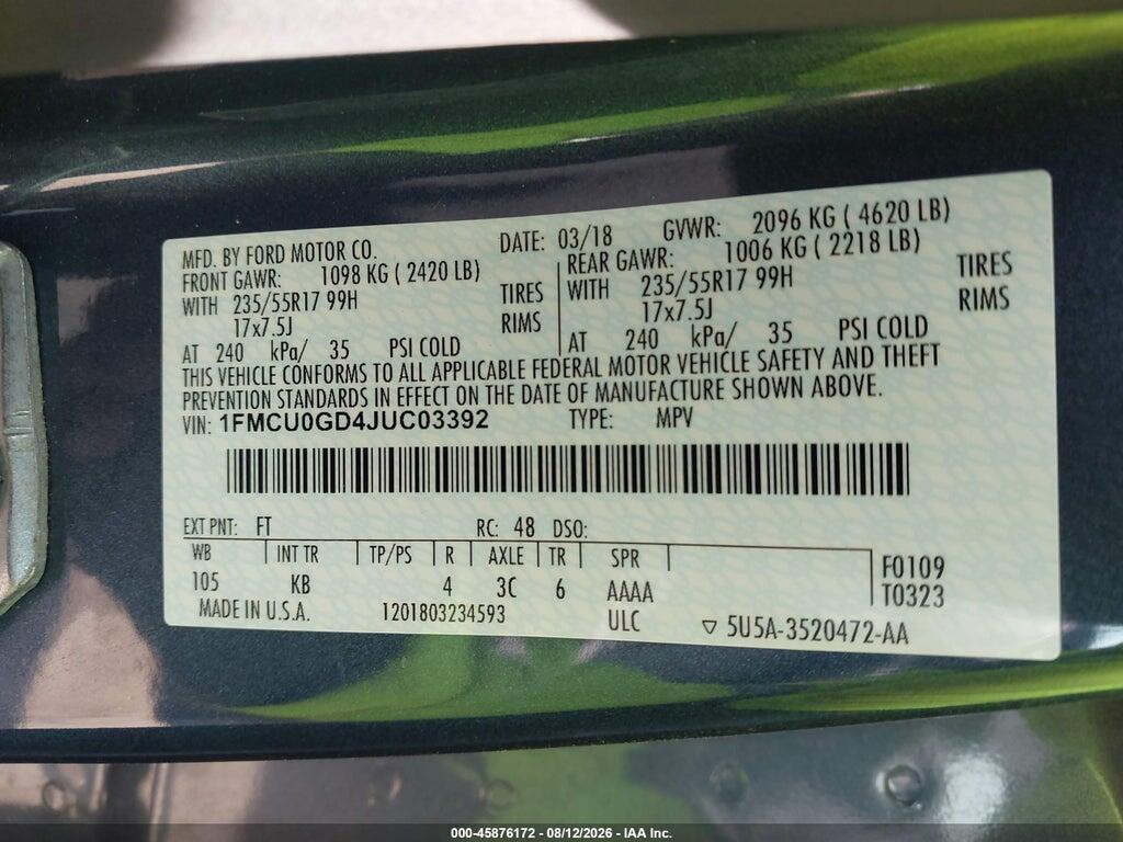 1FMCU0GD4JUC03392 2018 FORD ESCAPE photo no. 9