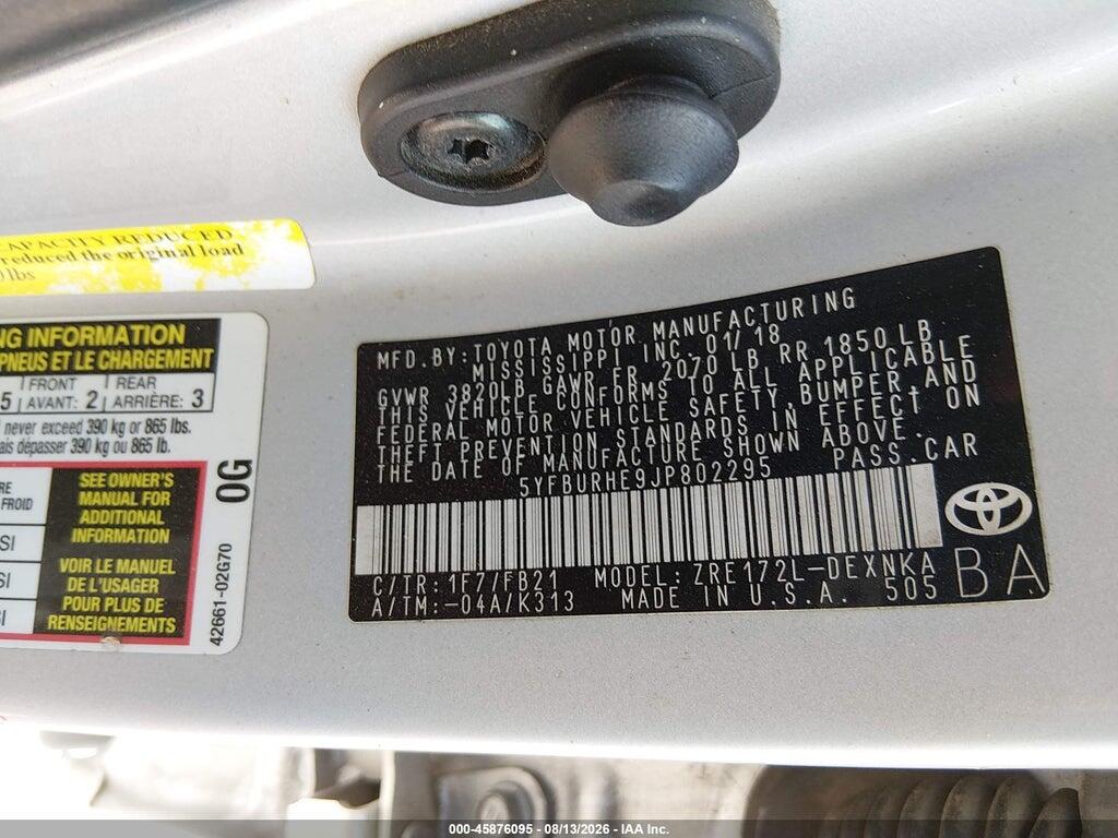 5YFBURHE9JP802295 2018 TOYOTA COROLLA photo no. 9