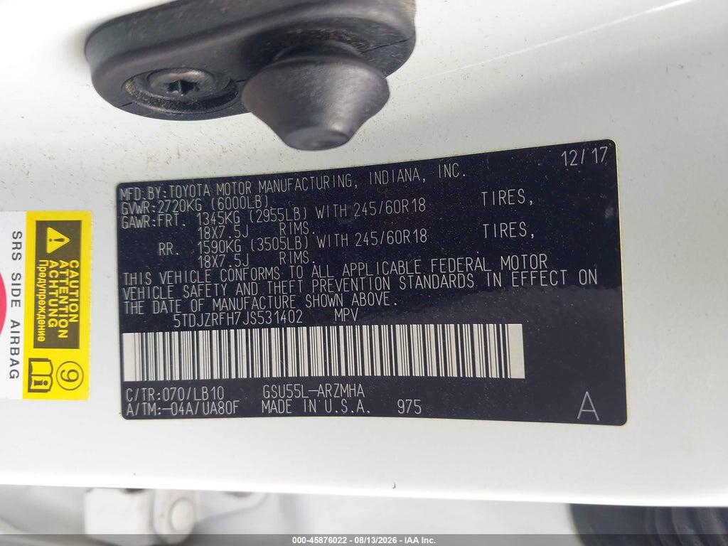 5TDJZRFH7JS531402 2018 TOYOTA HIGHLANDER photo no. 9