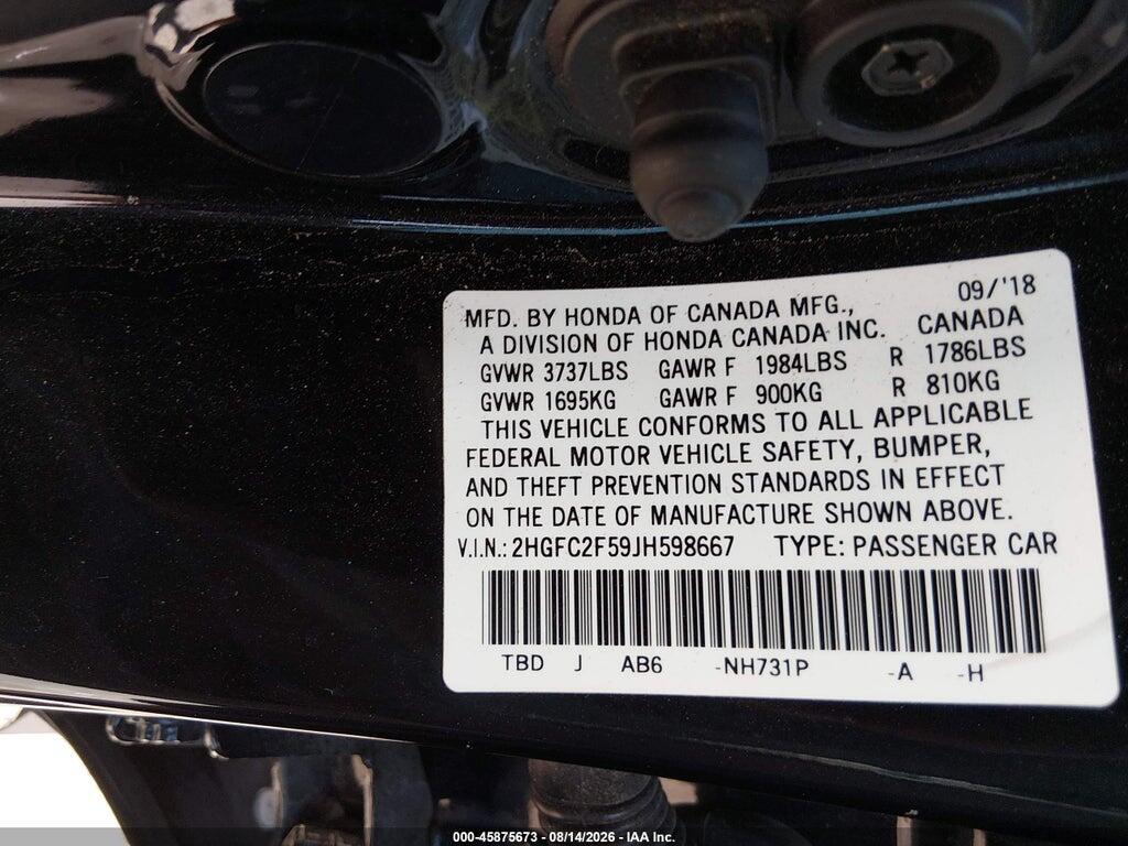 2HGFC2F59JH598667 2018 HONDA CIVIC photo no. 9