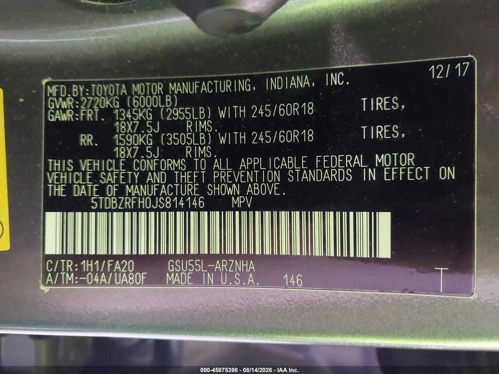 5TDBZRFH0JS814146 2018 TOYOTA HIGHLANDER photo no. 9