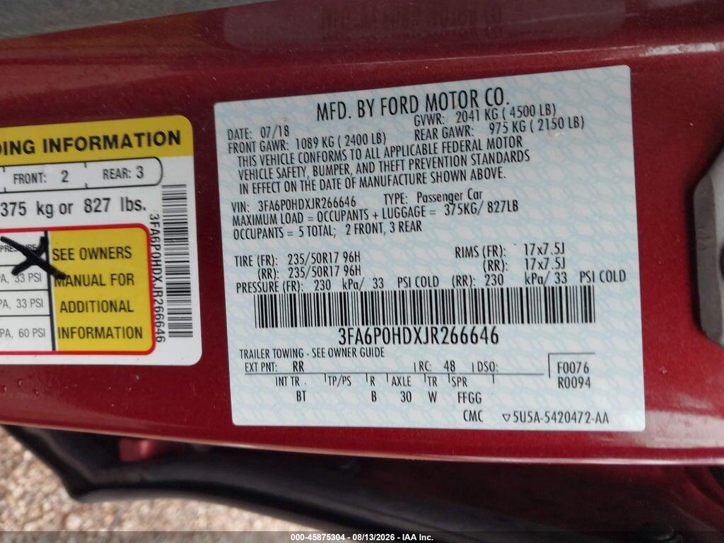 3FA6P0HDXJR266646 2018 FORD FUSION photo no. 9