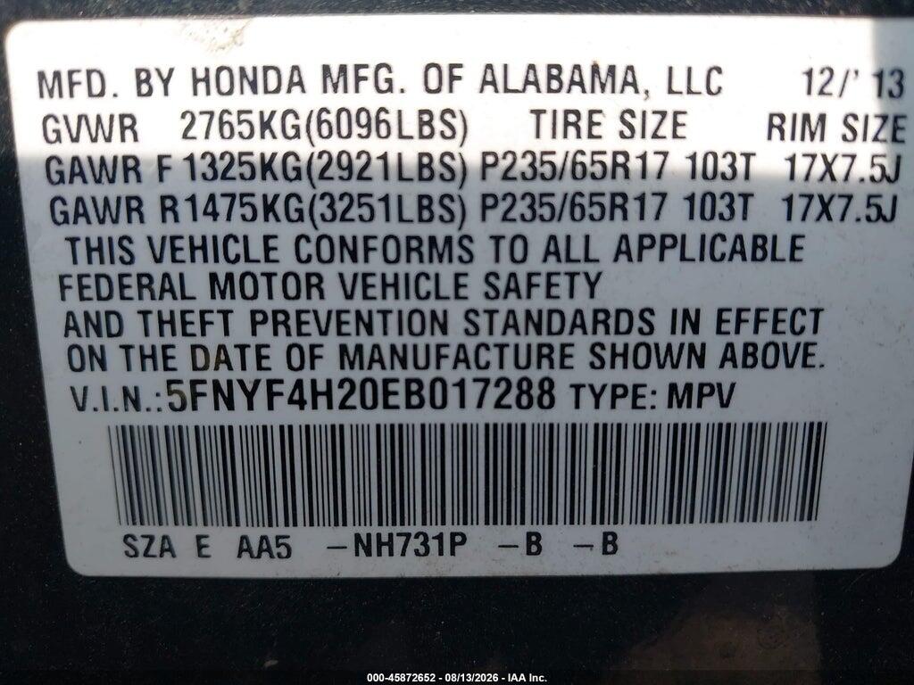5FNYF4H20EB017288 2014 HONDA PILOT photo no. 9
