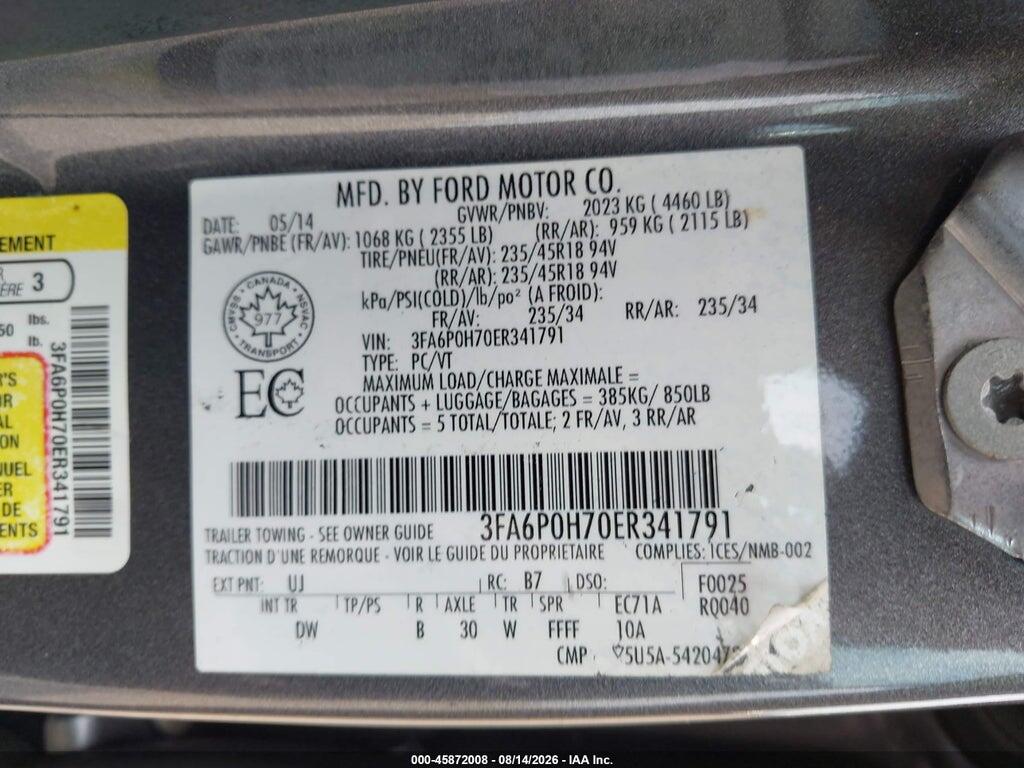 3FA6P0H70ER341791 2014 FORD FUSION photo no. 9