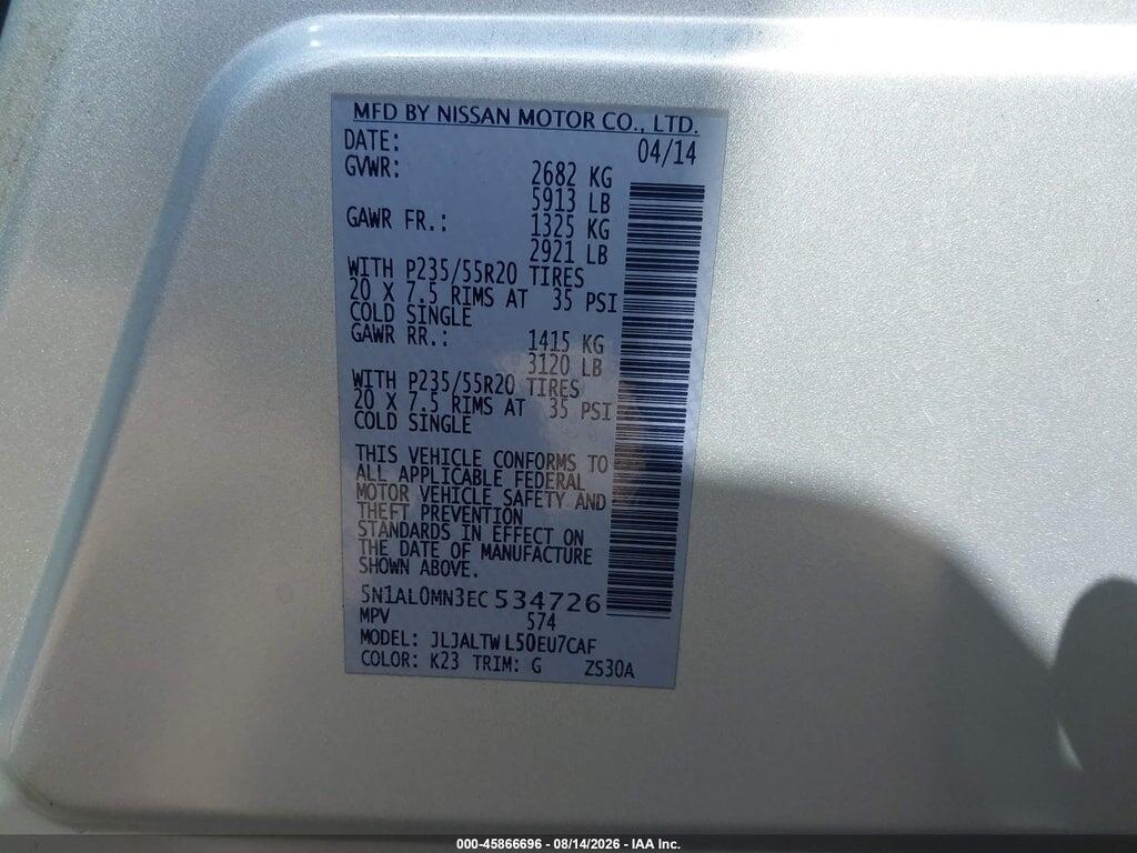 5N1AL0MN3EC534726 2014 INFINITI QX60 photo no. 9