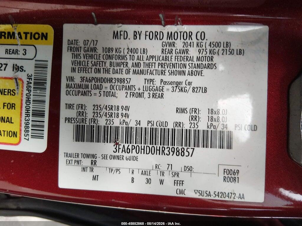 3FA6P0HD0HR398857 2017 FORD FUSION photo no. 9