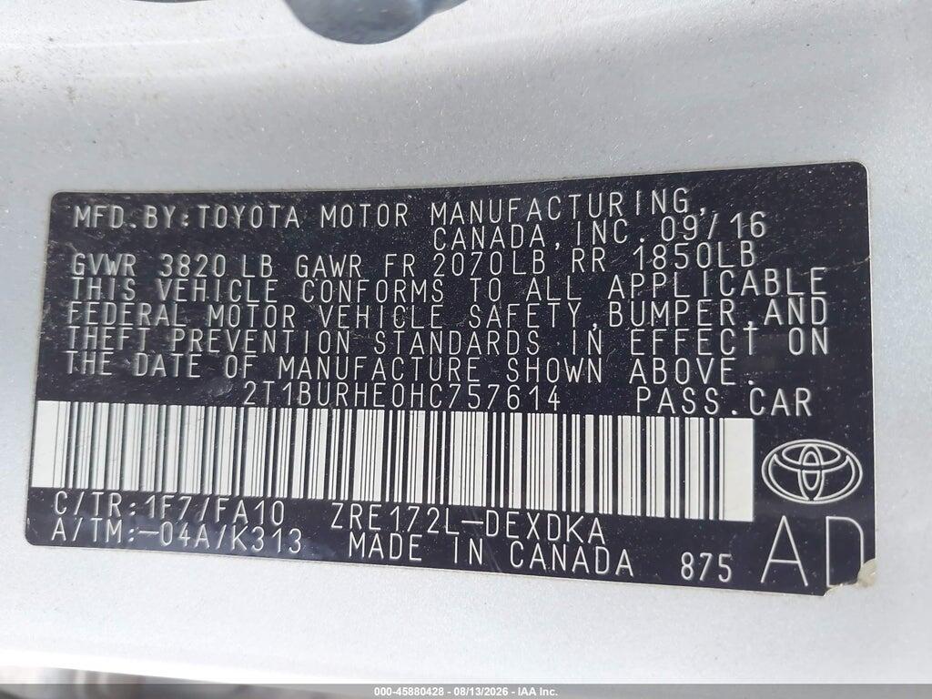 2T1BURHE0HC757614 2017 TOYOTA COROLLA photo no. 9