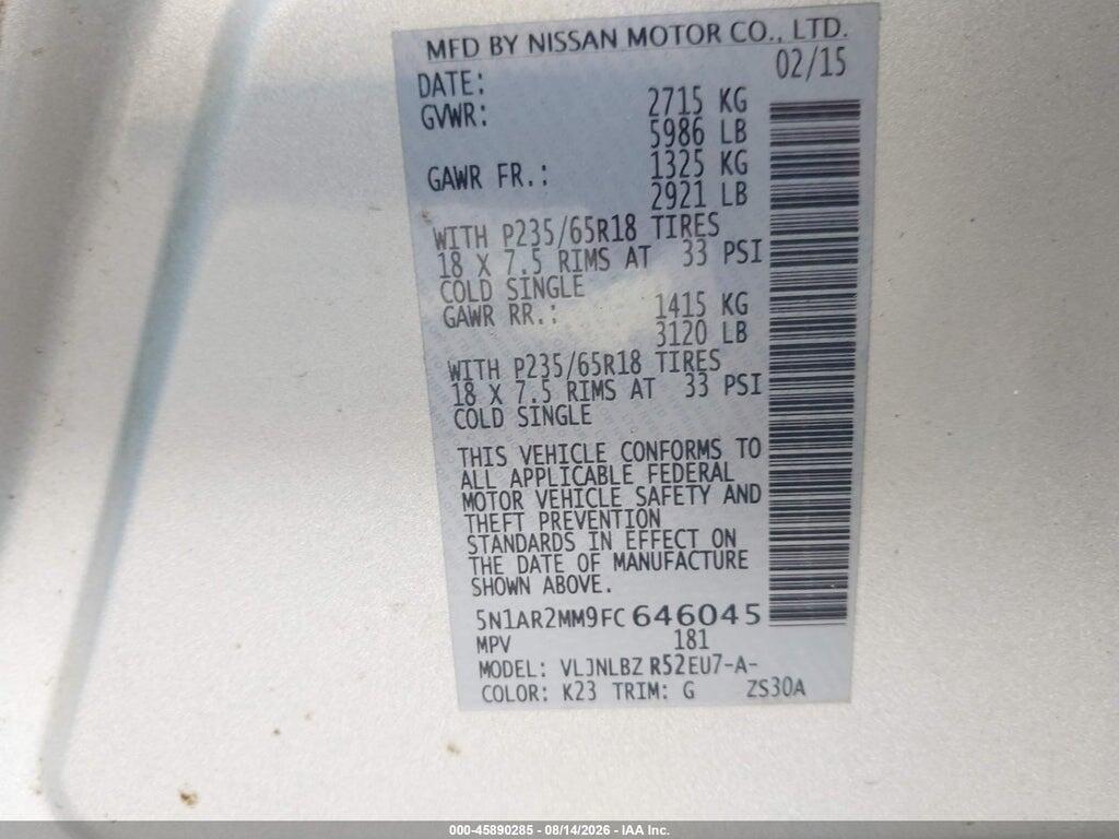 5N1AR2MM9FC646045 2015 NISSAN PATHFINDER photo no. 9