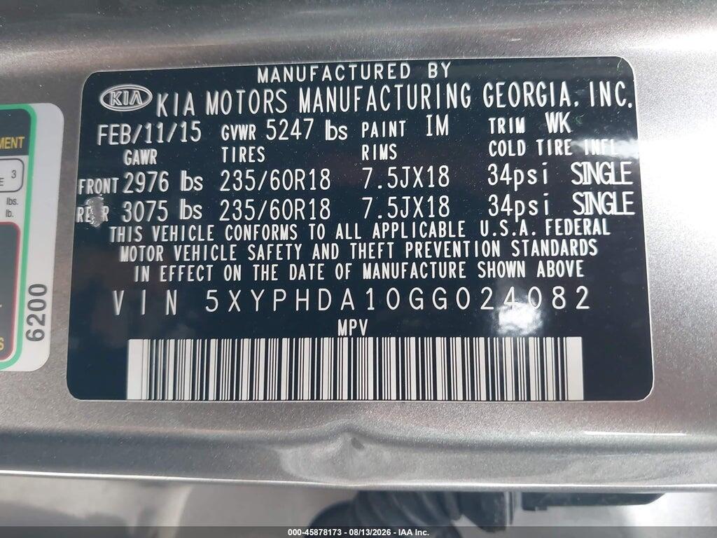 5XYPHDA10GG024082 2016 KIA SORENTO photo no. 9