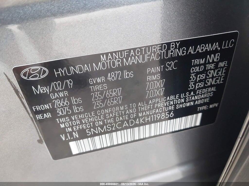5NMS2CAD4KH119856 2019 HYUNDAI SANTA FE photo no. 9