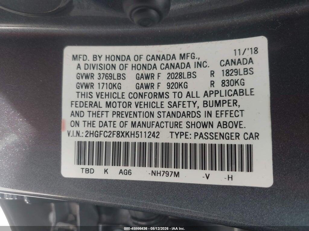 2HGFC2F8XKH511242 2019 HONDA CIVIC photo no. 9