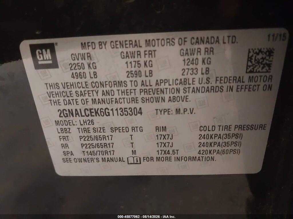 2GNALCEK6G1135304 2016 CHEVROLET EQUINOX photo no. 9