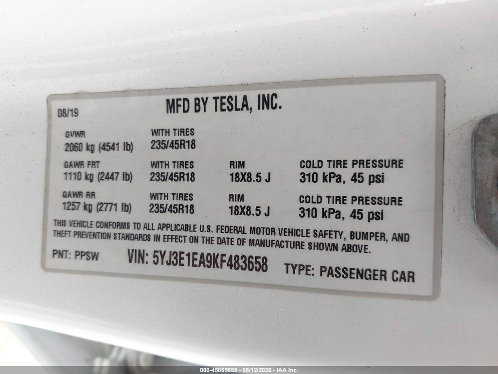 5YJ3E1EA9KF483658 2019 TESLA MODEL 3 photo no. 8