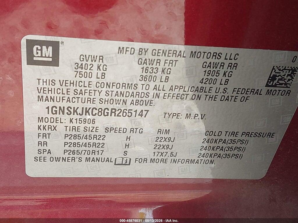 1GNSKJKC8GR265147 2016 CHEVROLET SUBURBAN photo no. 9