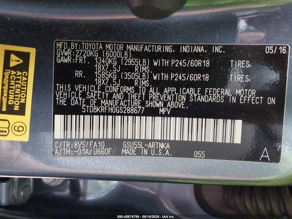 5TDBKRFH0GS288677 2016 TOYOTA HIGHLANDER photo no. 9