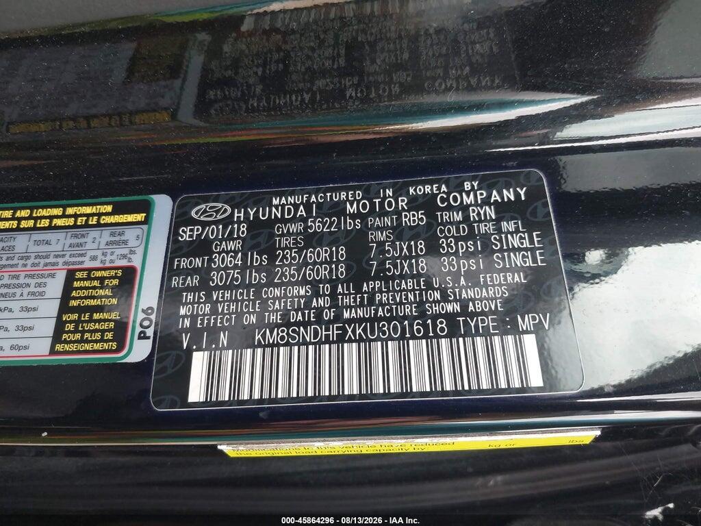 KM8SNDHFXKU301618 2019 HYUNDAI SANTA FE XL photo no. 9