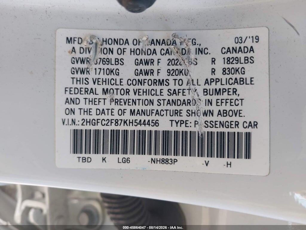 2HGFC2F87KH544456 2019 HONDA CIVIC photo no. 9