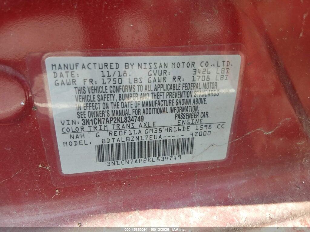 3N1CN7AP2KL834749 2019 NISSAN VERSA photo no. 9