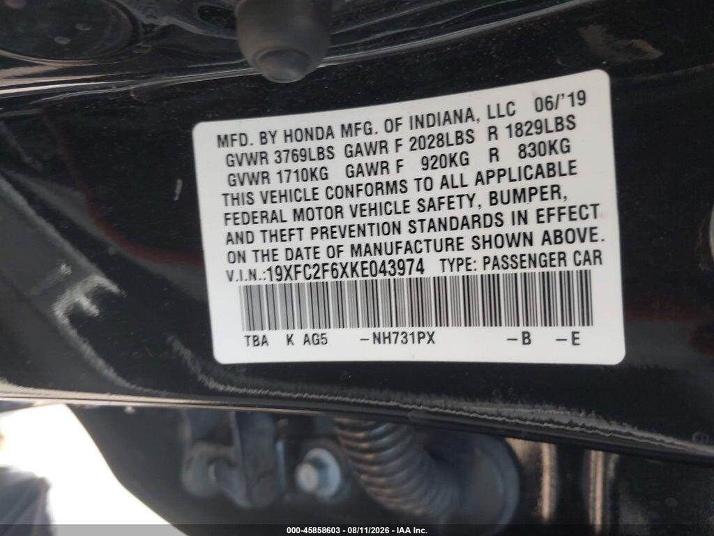 19XFC2F6XKE043974 2019 HONDA CIVIC photo no. 9