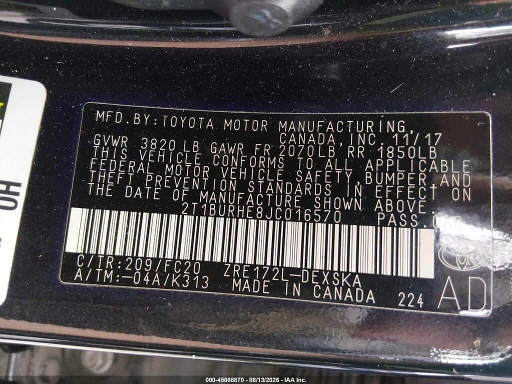 2T1BURHE8JC016570 2018 TOYOTA COROLLA photo no. 9