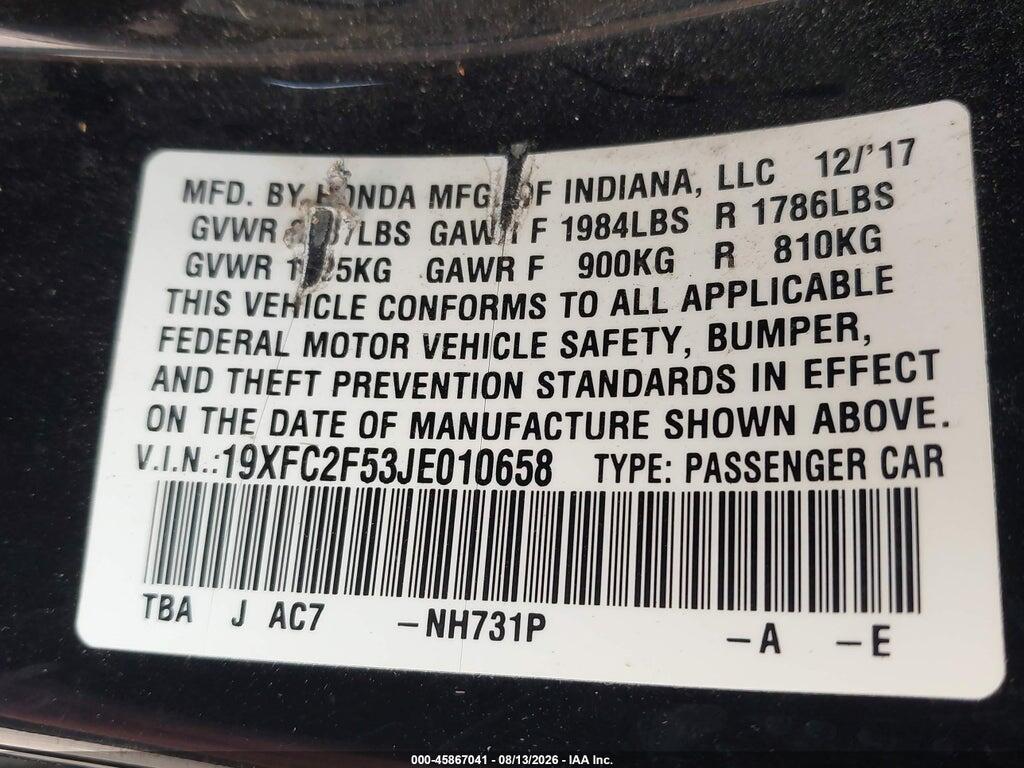 19XFC2F53JE010658 2018 HONDA CIVIC photo no. 9