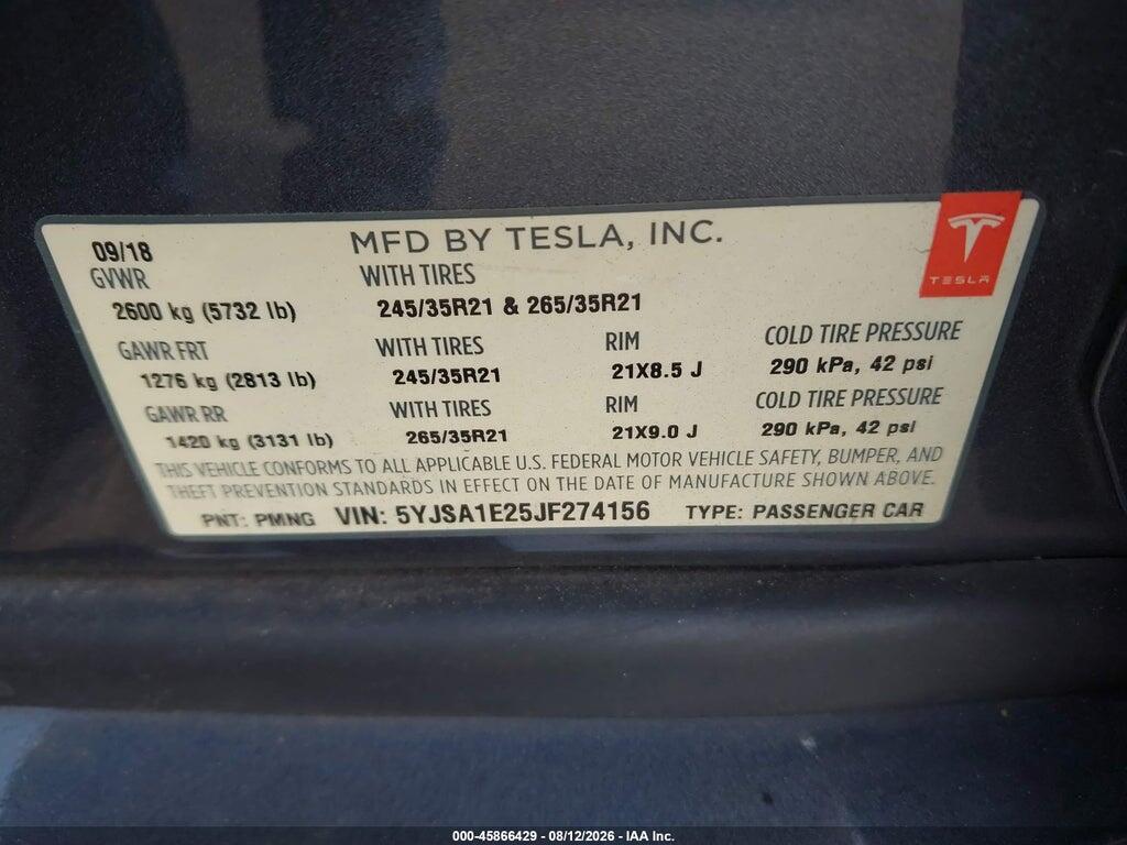 5YJSA1E25JF274156 2018 TESLA MODEL S photo no. 9