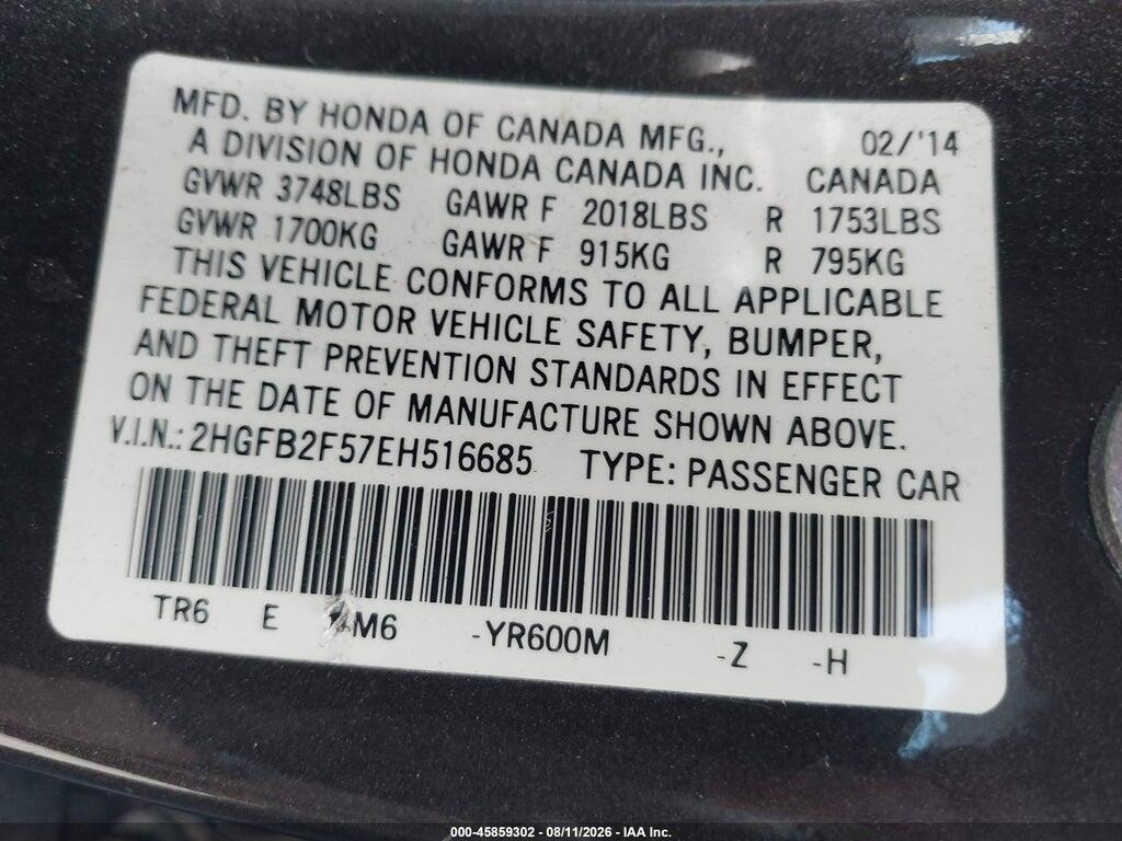 2HGFB2F57EH516685 2014 HONDA CIVIC photo no. 9