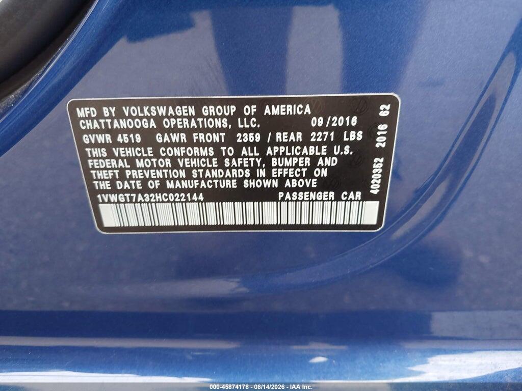 1VWGT7A32HC022144 2017 VOLKSWAGEN PASSAT photo no. 9