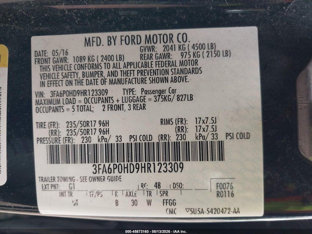 3FA6P0HD9HR123309 2017 FORD FUSION photo no. 9