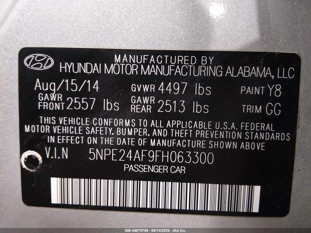 5NPE24AF9FH063300 2015 HYUNDAI SONATA photo no. 9