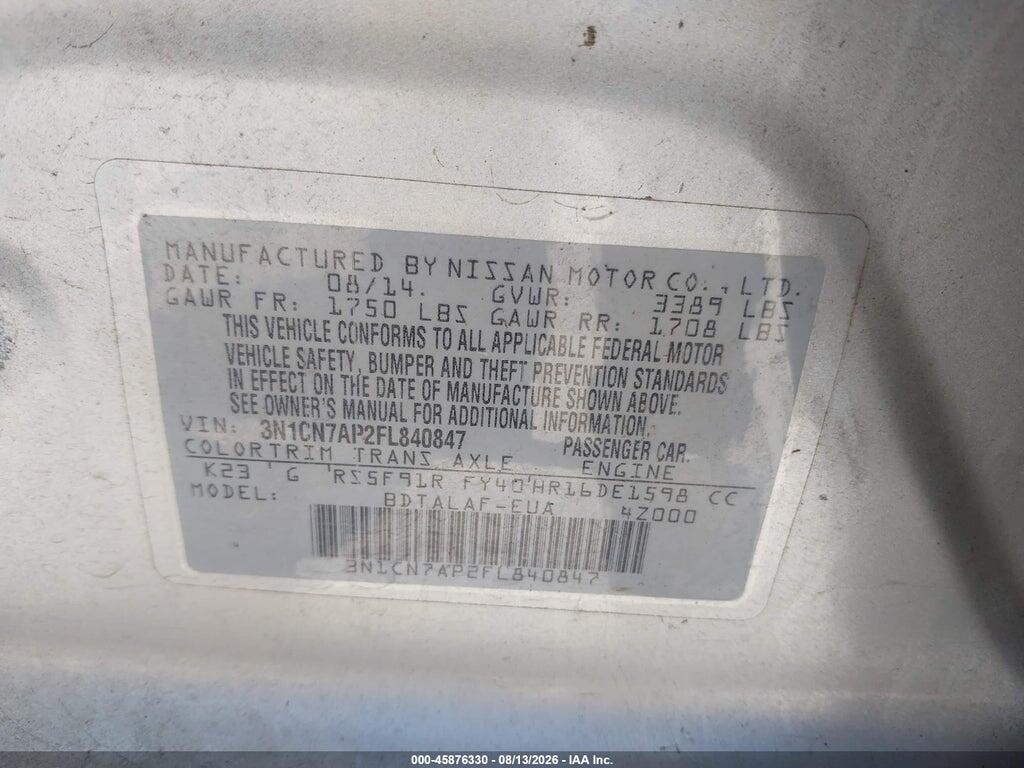 3N1CN7AP2FL840847 2015 NISSAN VERSA photo no. 9