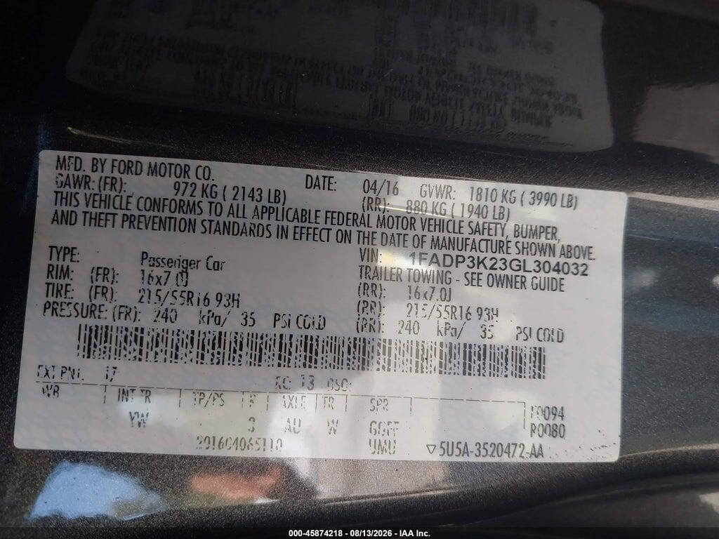 1FADP3K23GL304032 2016 FORD FOCUS photo no. 9