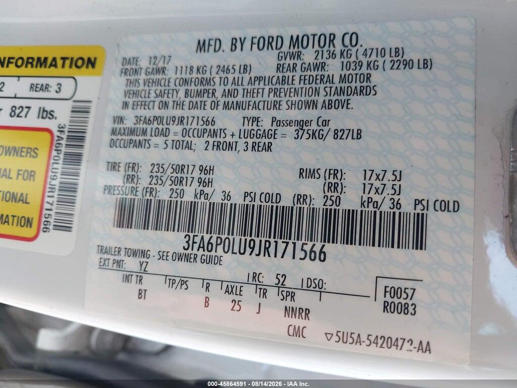 3FA6P0LU9JR171566 2018 FORD FUSION HYBRID photo no. 9