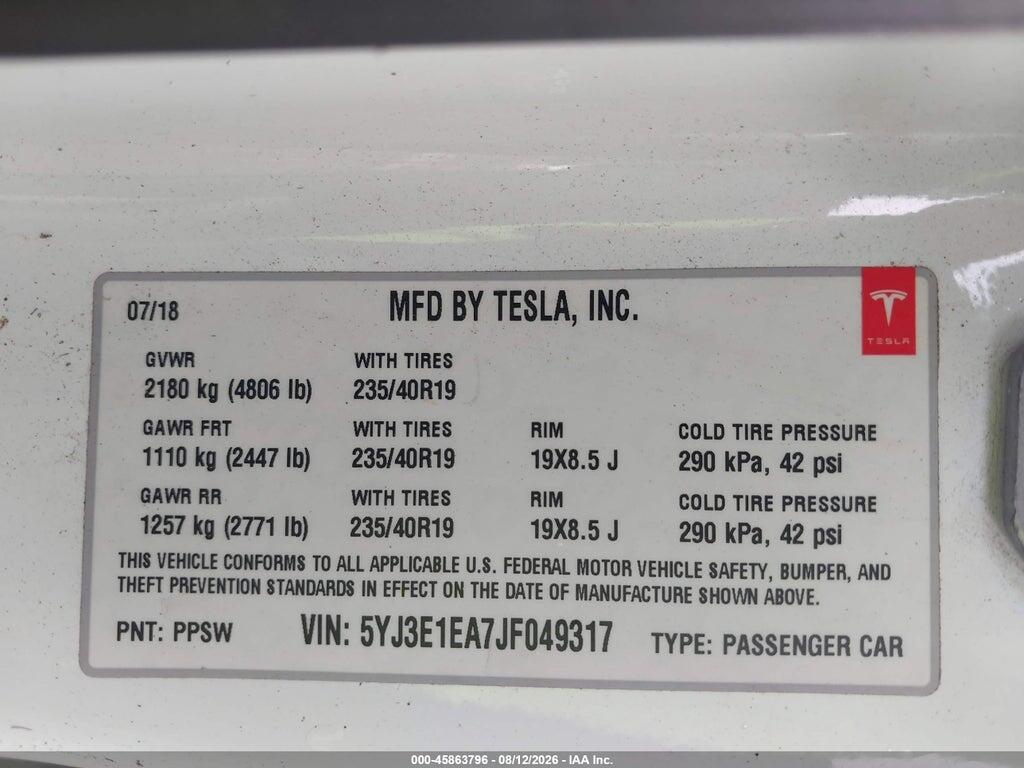 5YJ3E1EA7JF049317 2018 TESLA MODEL 3 photo no. 9
