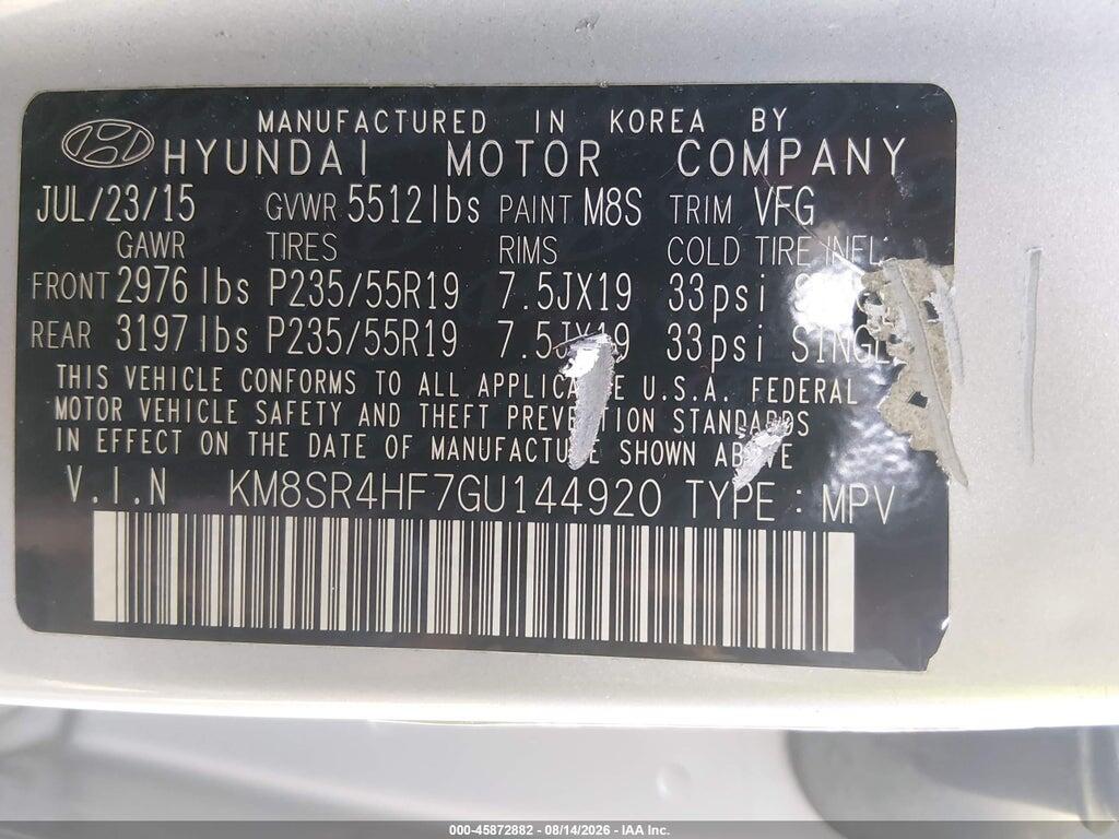 KM8SR4HF7GU144920 2016 HYUNDAI SANTA FE photo no. 9