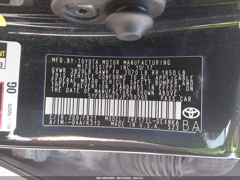 5YFBURHE2JP759290 2018 TOYOTA COROLLA photo no. 9