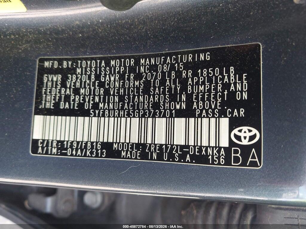 5YFBURHE5GP373701 2016 TOYOTA COROLLA photo no. 9