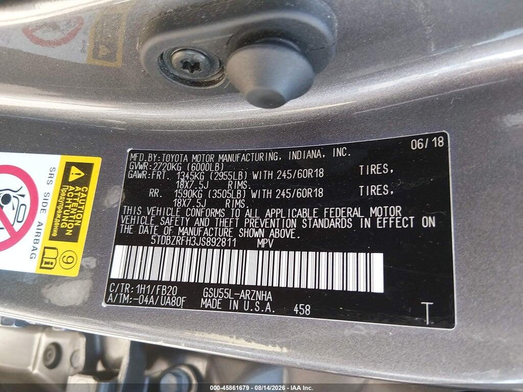 5TDBZRFH3JS892811 2018 TOYOTA HIGHLANDER photo no. 9