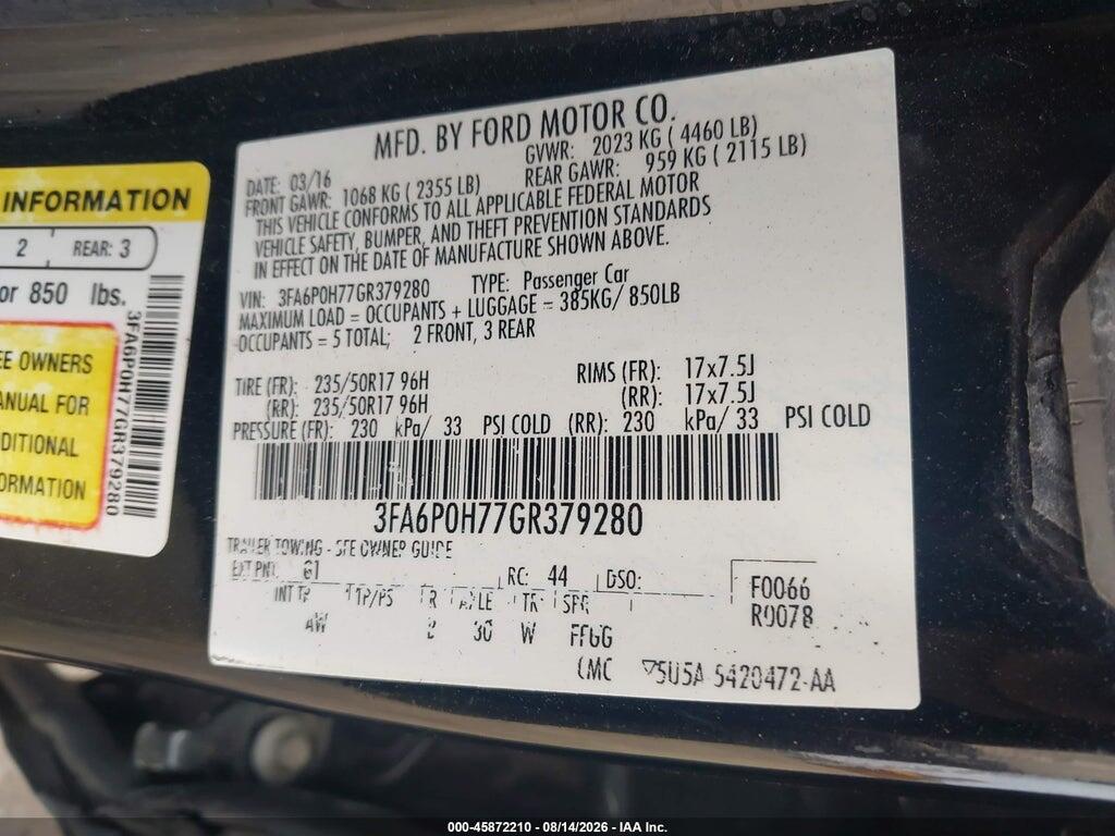 3FA6P0H77GR379280 2016 FORD FUSION photo no. 9