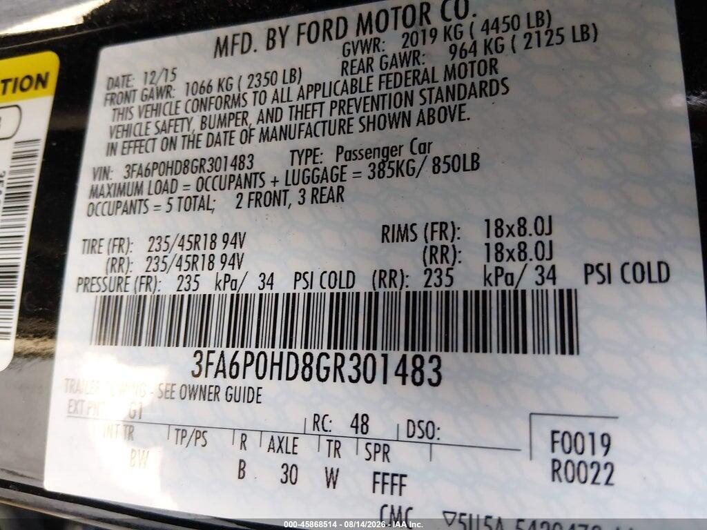 3FA6P0HD8GR301483 2016 FORD FUSION photo no. 9